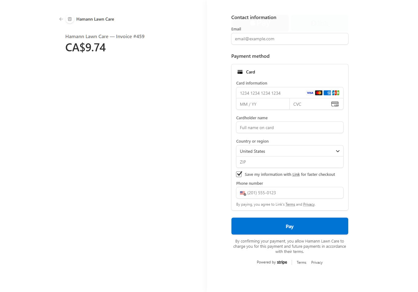 Stripe payment page generated by the platform: Hamann Lawn Care — Invoice #459 for CA$9.74, with card fields and a Pay button