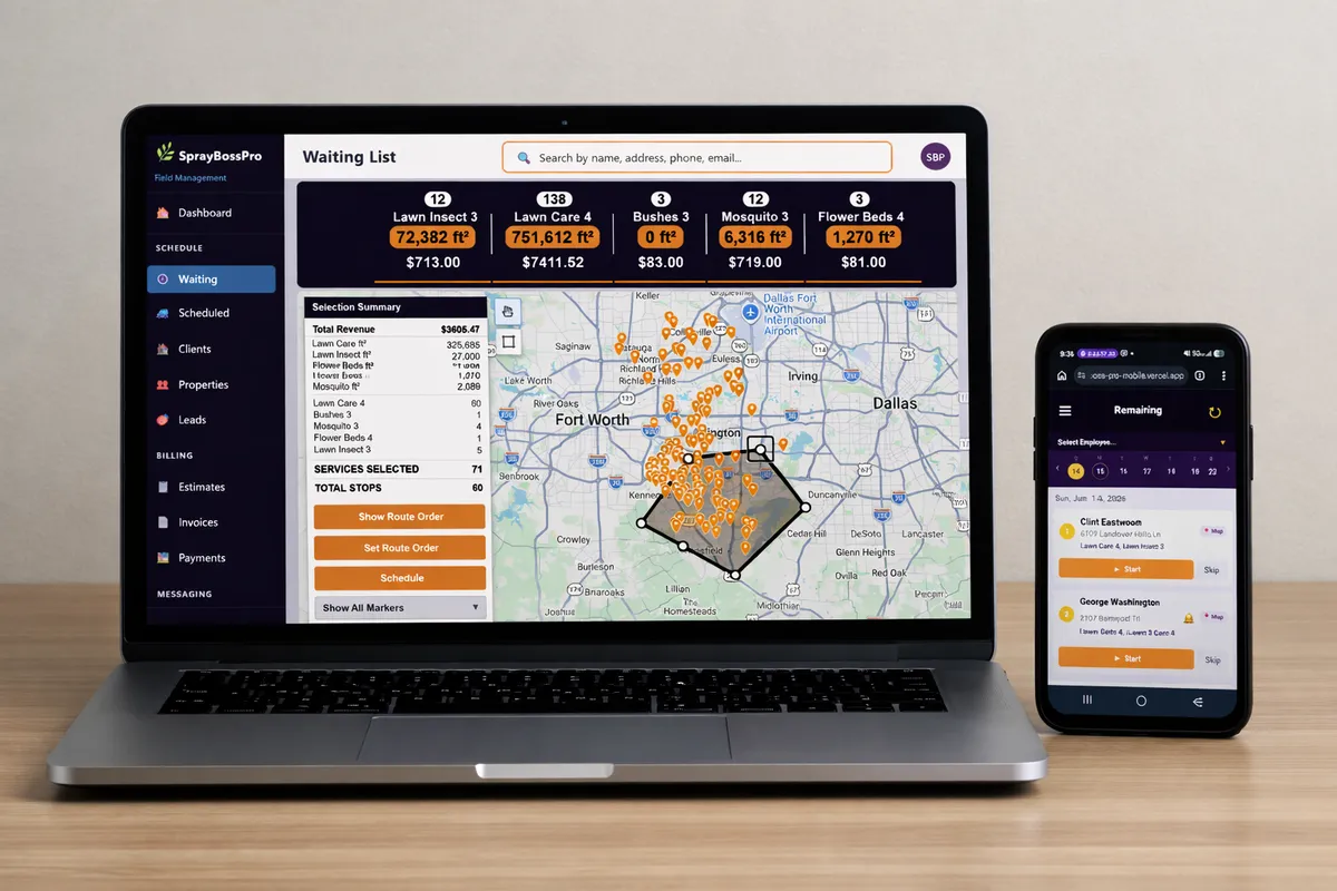 PoolBossPro pool service software dashboard on laptop showing recurring route map and water chemistry log, with mobile app on phone